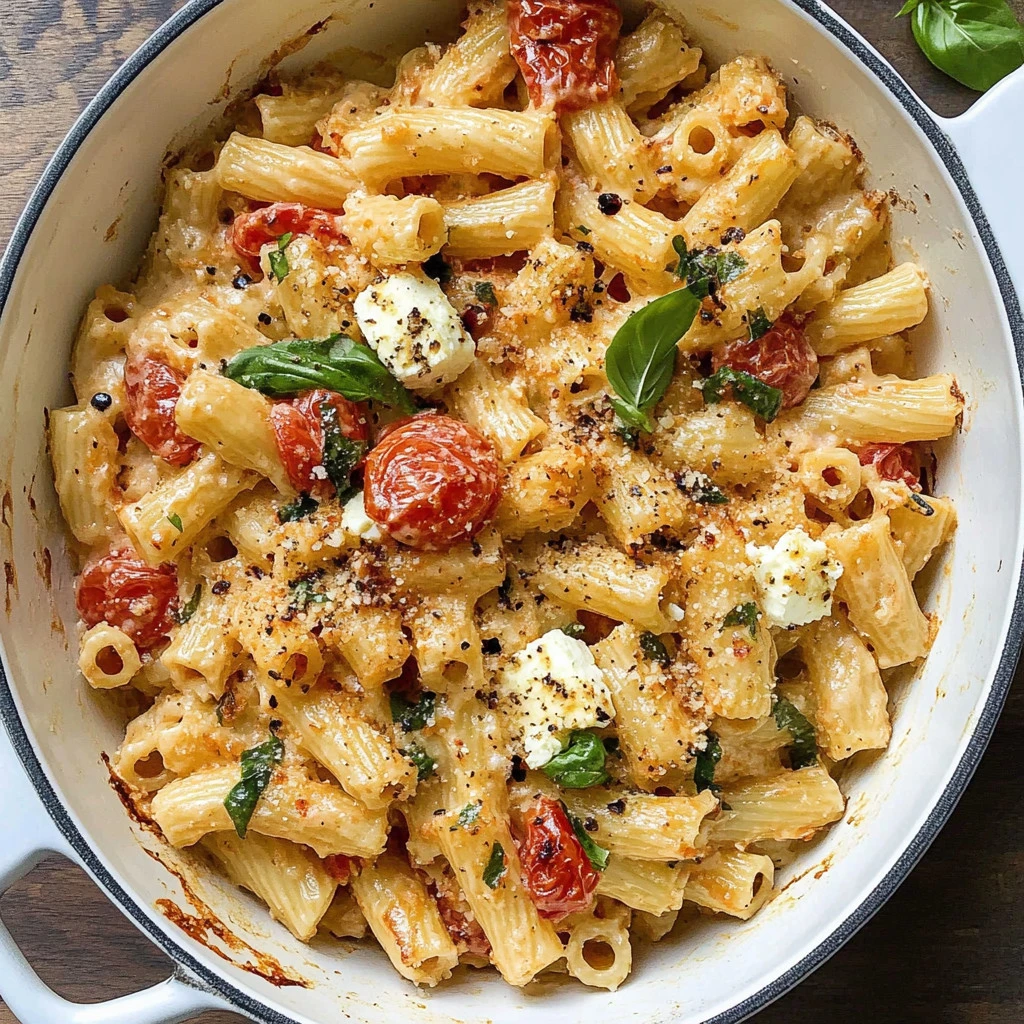Delicious baked feta pasta with tomatoes and herbs