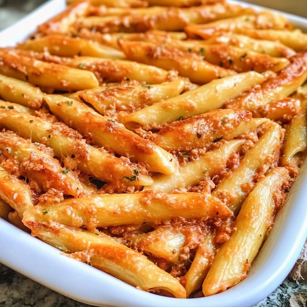Delicious baked mostaccioli with cheese and pasta in a casserole dish