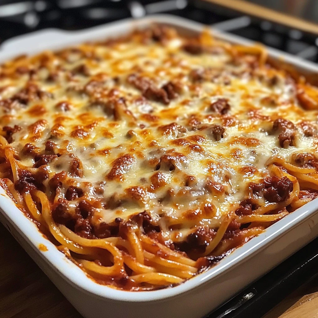 Delicious baked spaghetti dish served with cheese and herbs