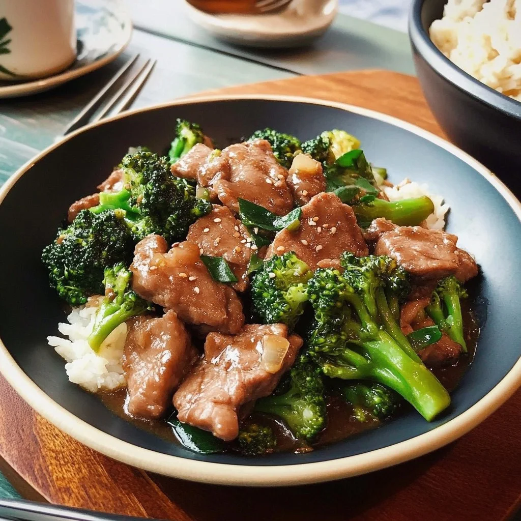 Beef and broccoli stir fry with vibrant vegetables in a savory sauce