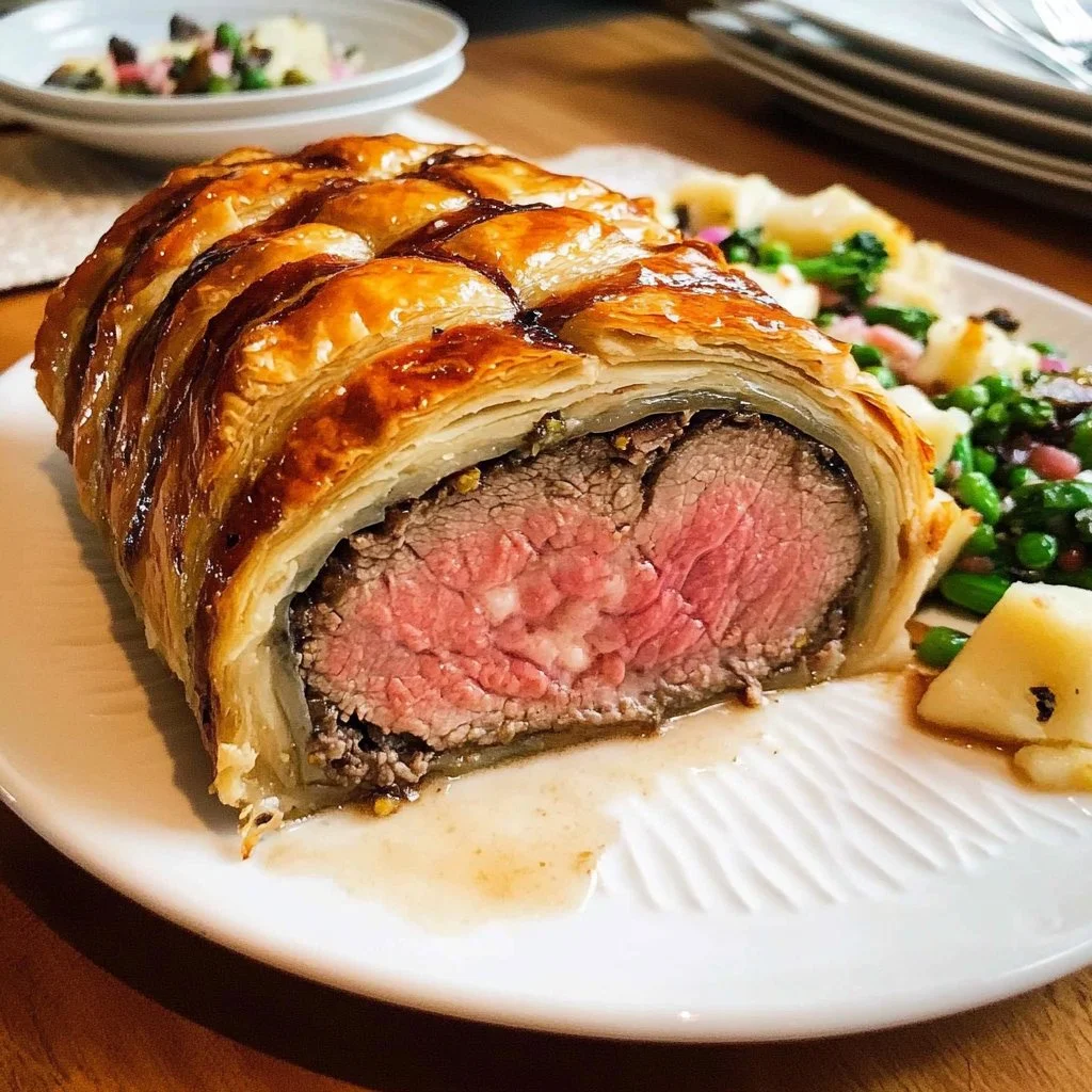Deliciously cooked Beef Wellington served with a side of vegetables