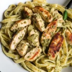 Delicious creamy pesto chicken pasta served in a bowl