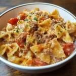 Delicious bow ties pasta with sausage, tomatoes, and creamy sauce