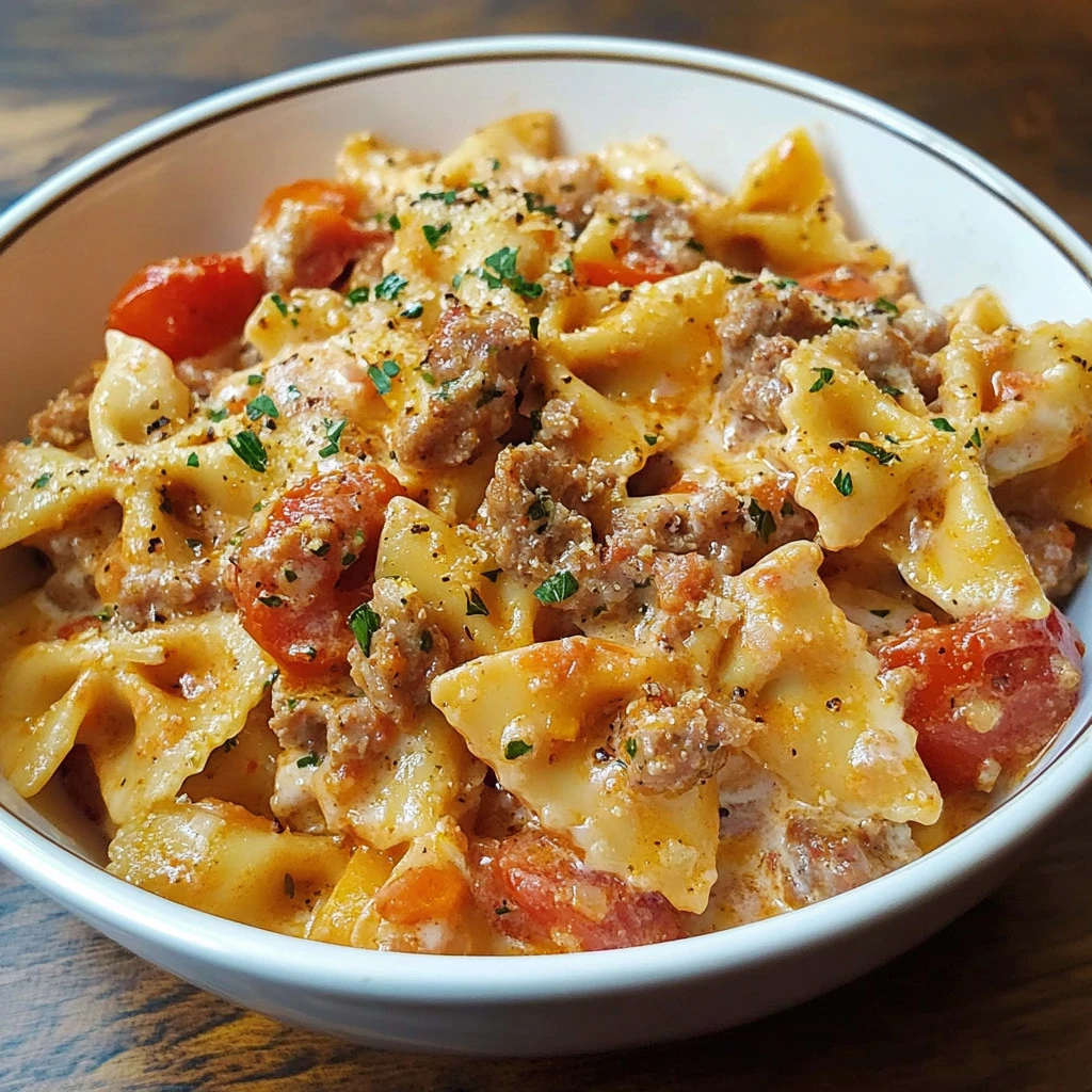 Delicious bow ties pasta with sausage, tomatoes, and creamy sauce