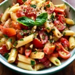 Delicious Bruschetta Summer Pasta Salad with fresh tomatoes and basil
