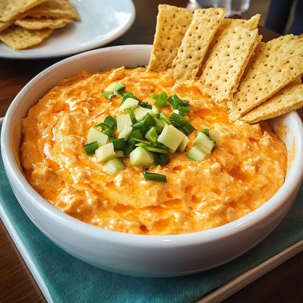 Delicious Buffalo Chicken Dip served in a bowl with tortilla chips on the side