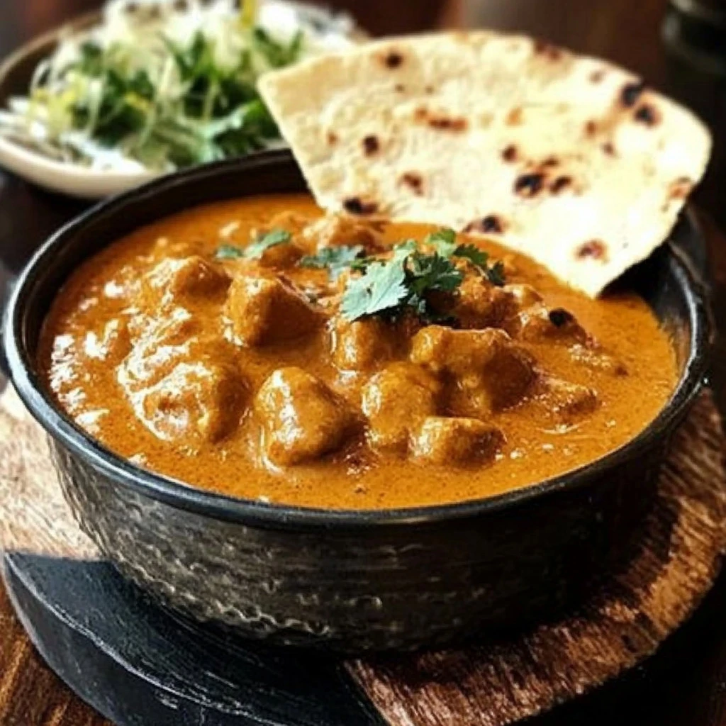 Delicious plate of butter chicken with rice and naan, showcasing rich flavors.