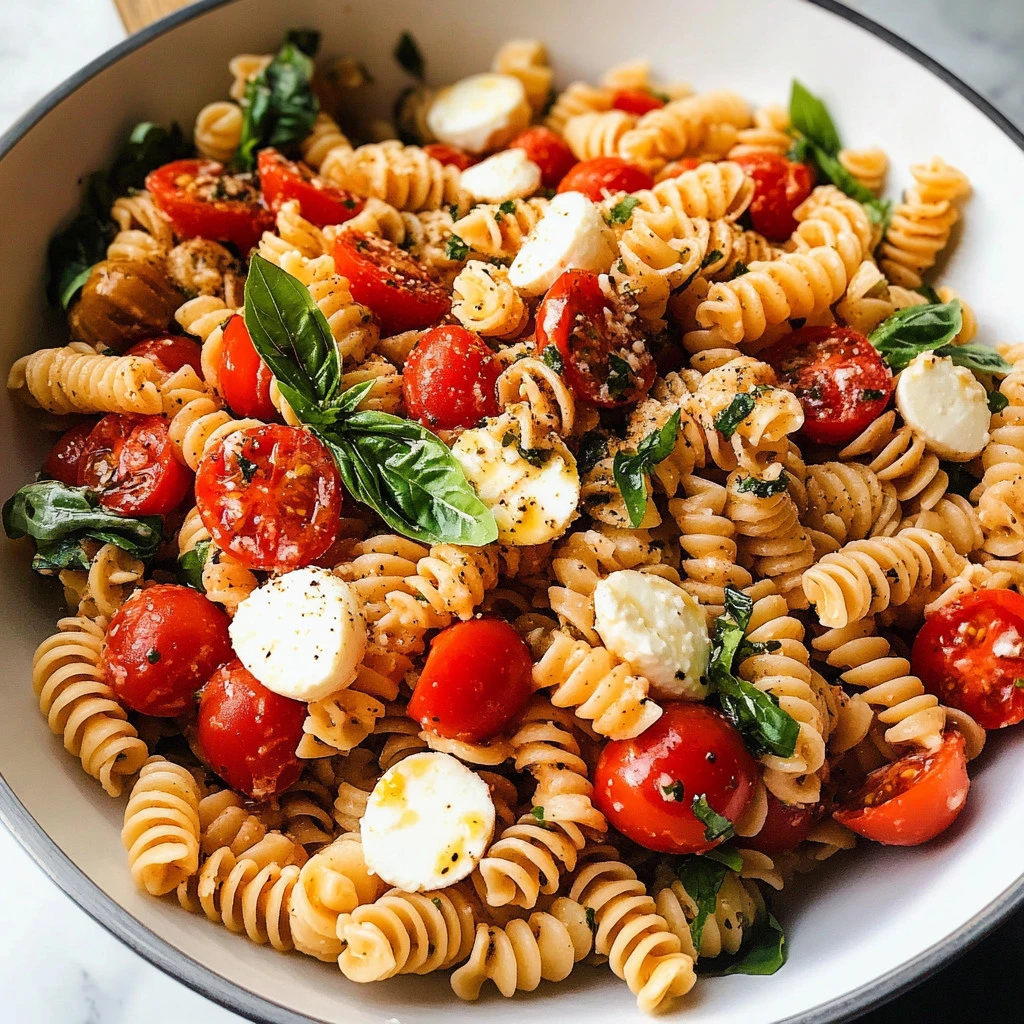 Fresh Caprese Pasta Salad with tomatoes, mozzarella, and basil