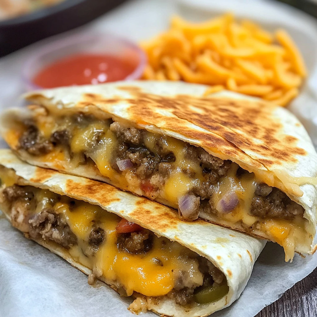Delicious cheeseburger quesadilla with melted cheese and beef filling