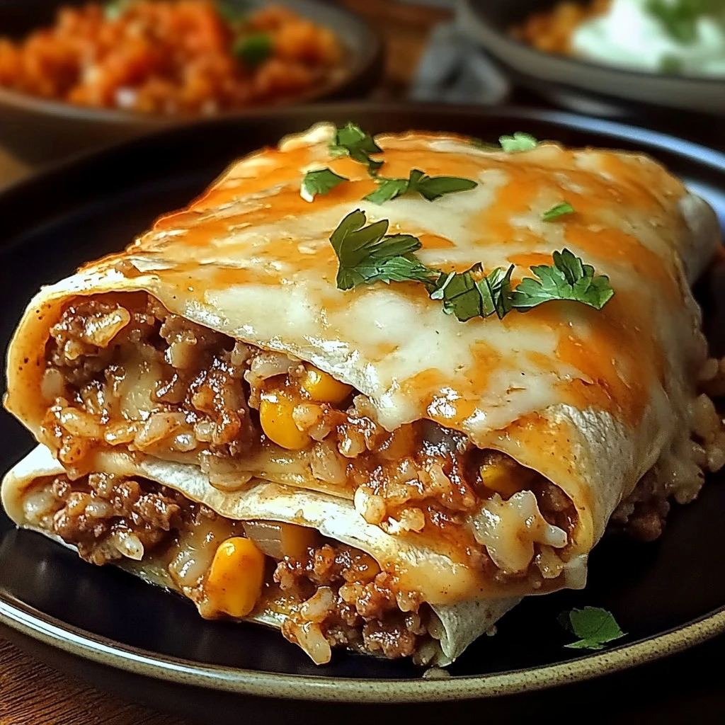 Plate of cheesy beef and rice enchiladas topped with fresh cilantro