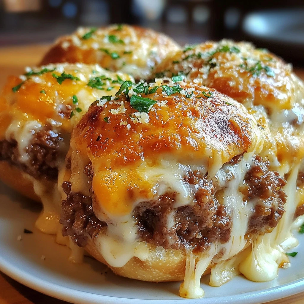 Delicious cheesy beef bombs served on a plate with dipping sauce