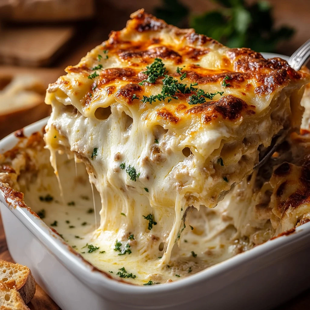 Delicious Chicken Alfredo Lasagna with creamy sauce and cheese layers