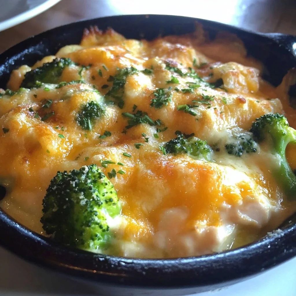 Cheesy chicken and broccoli bake served in a dish