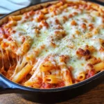 Delicious cheesy ziti bake with pasta and melted cheese