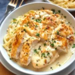 Delicious Chicken Alfredo pasta dish garnished with parsley and parmesan cheese.