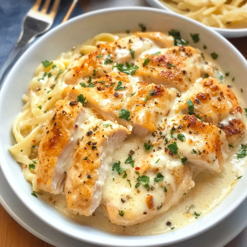 Delicious Chicken Alfredo pasta dish garnished with parsley and parmesan cheese.