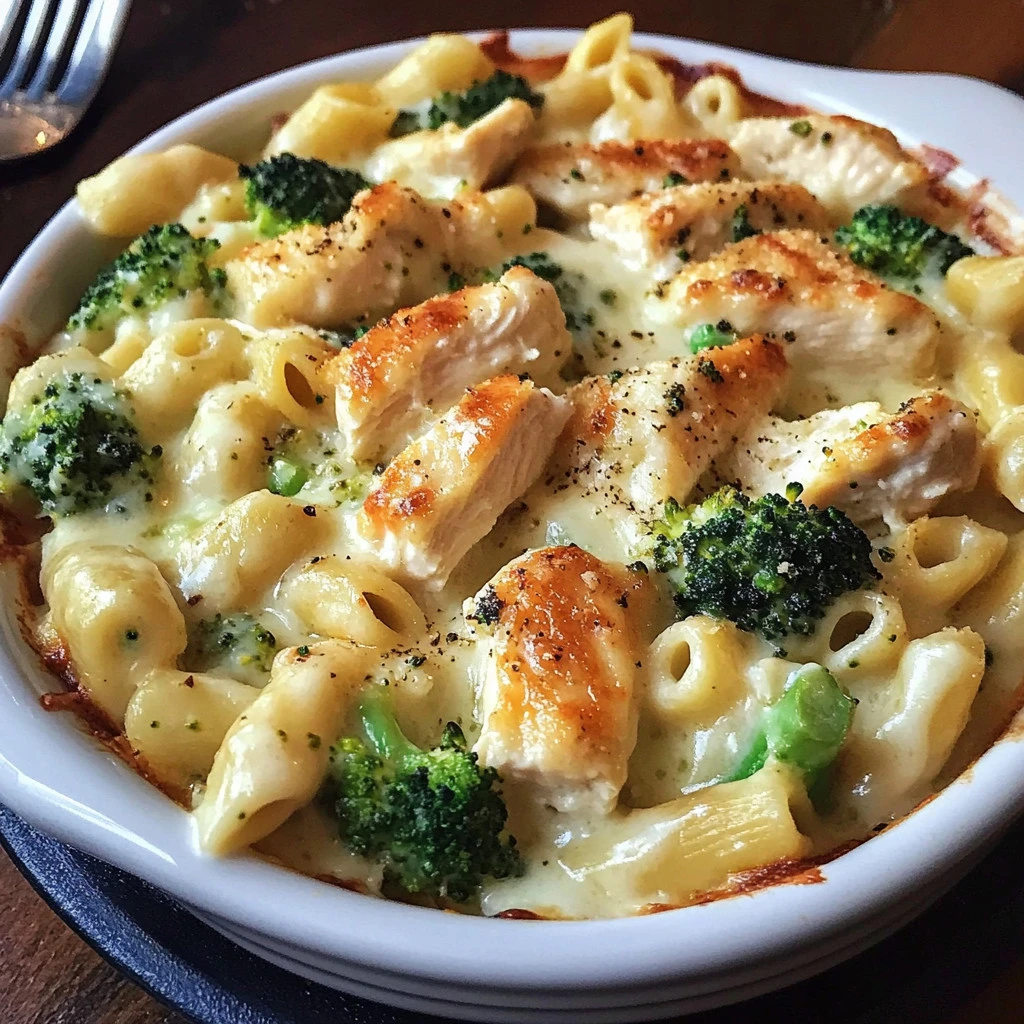 Chicken Alfredo Bake with Broccoli in a creamy sauce