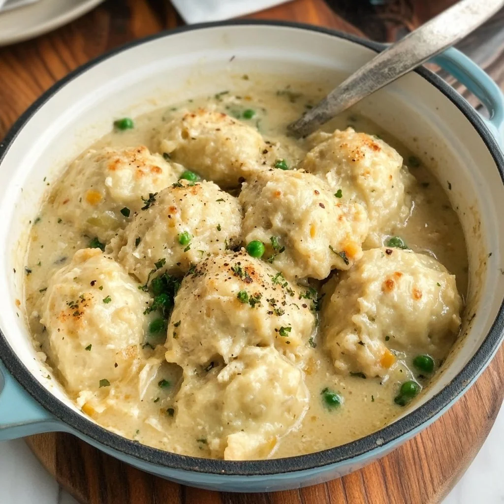 Delicious Chicken and Dumplings served in a bowl with herbs