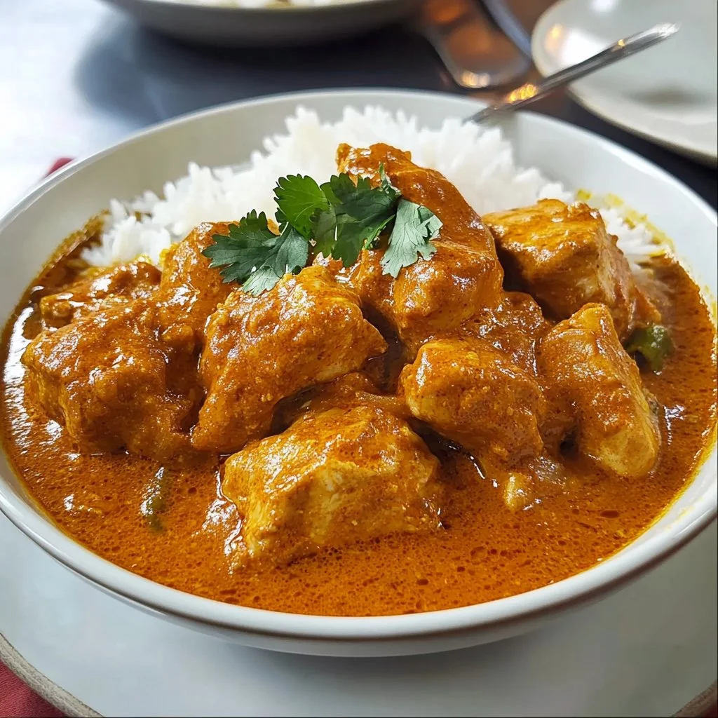Delicious homemade Chicken Curry with spices and herbs on a plate