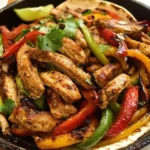 Delicious chicken fajitas served with colorful peppers and tortillas