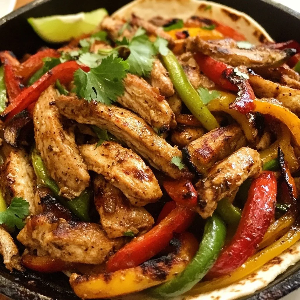 Delicious chicken fajitas served with colorful peppers and tortillas