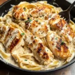 Plate of Chicken Fettuccine Alfredo garnished with parsley and grated cheese