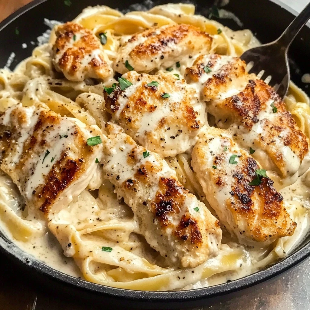 Plate of Chicken Fettuccine Alfredo garnished with parsley and grated cheese
