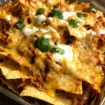 Plate of cheesy chicken nachos with jalapeños and toppings