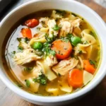 Bowl of homemade chicken noodle soup with fresh herbs and ingredients.