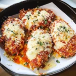 Delicious Chicken Parmesan served with marinara sauce and melted cheese
