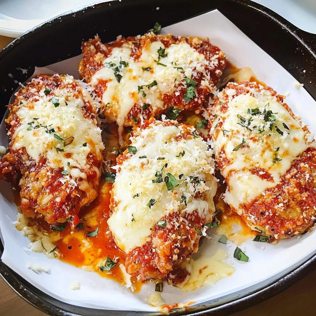 Delicious Chicken Parmesan served with marinara sauce and melted cheese