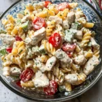 Delicious Chicken Pasta Salad with Creamy Greek Yogurt Dressing served in a bowl