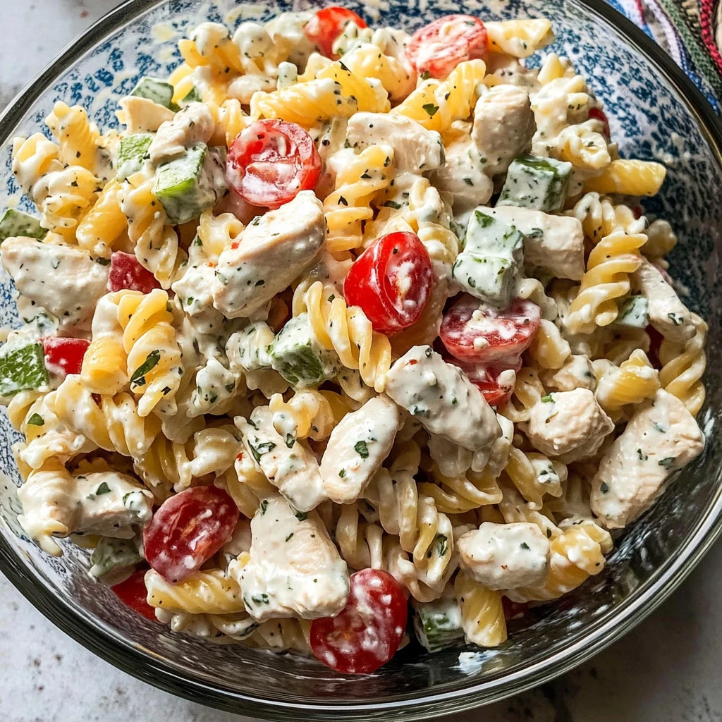 Delicious Chicken Pasta Salad with Creamy Greek Yogurt Dressing served in a bowl