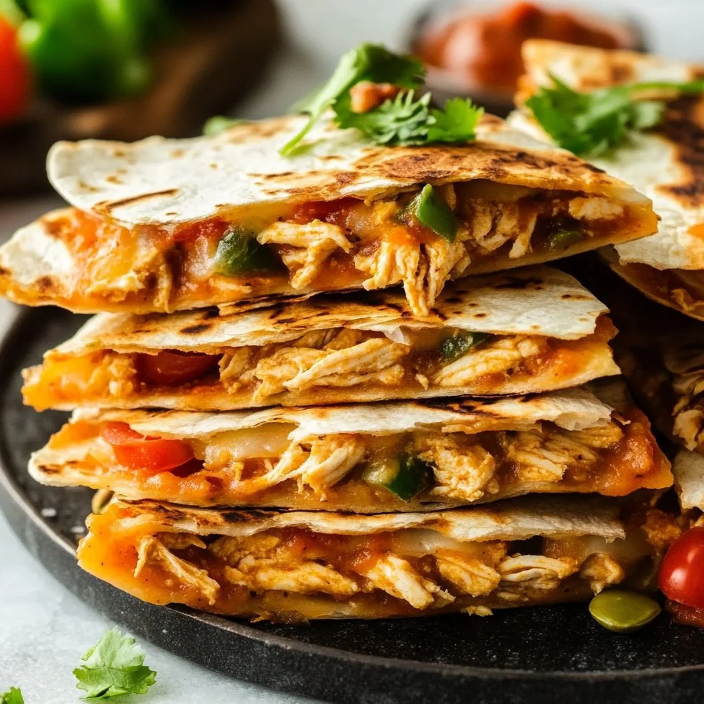 Delicious Chicken Quesadillas served with salsa and sour cream