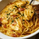 Creamy Chicken Spaghetti served with herbs and cheese on a plate
