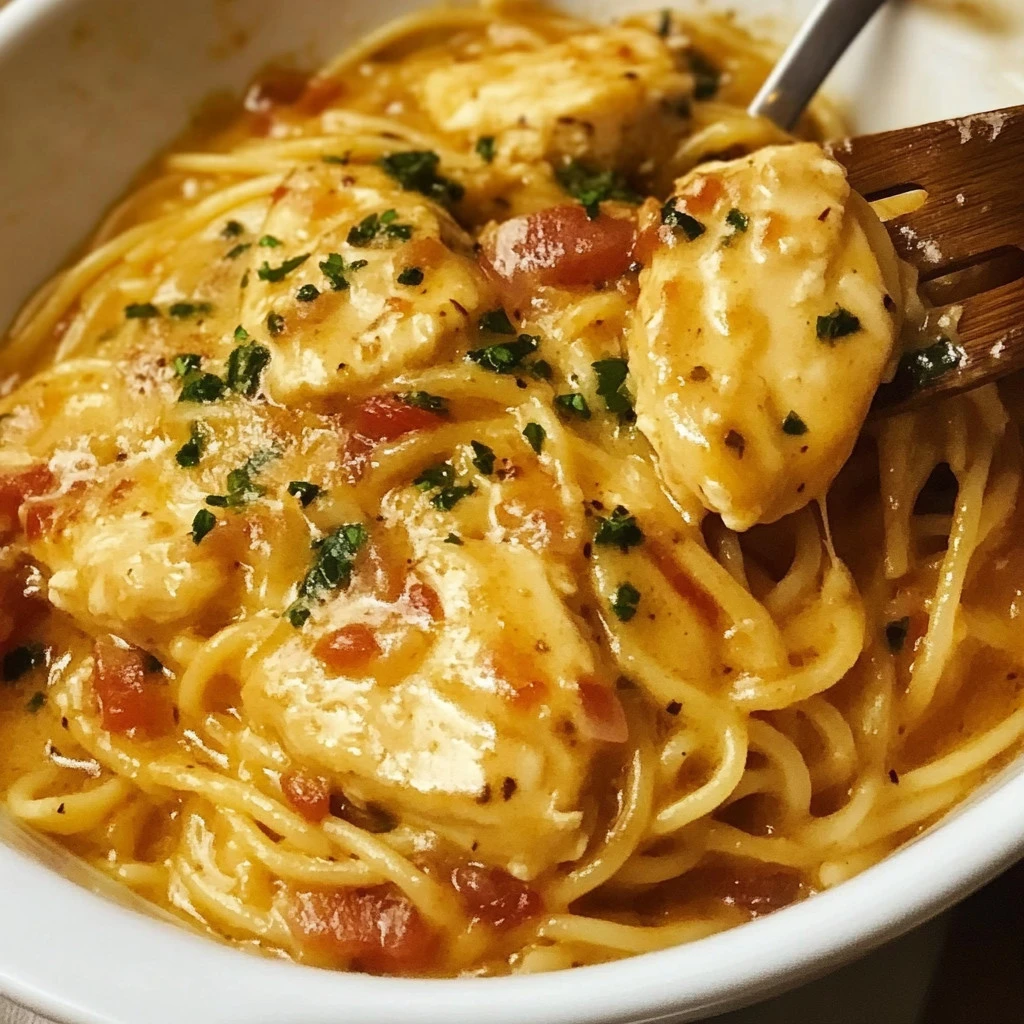 Creamy Chicken Spaghetti served with herbs and cheese on a plate