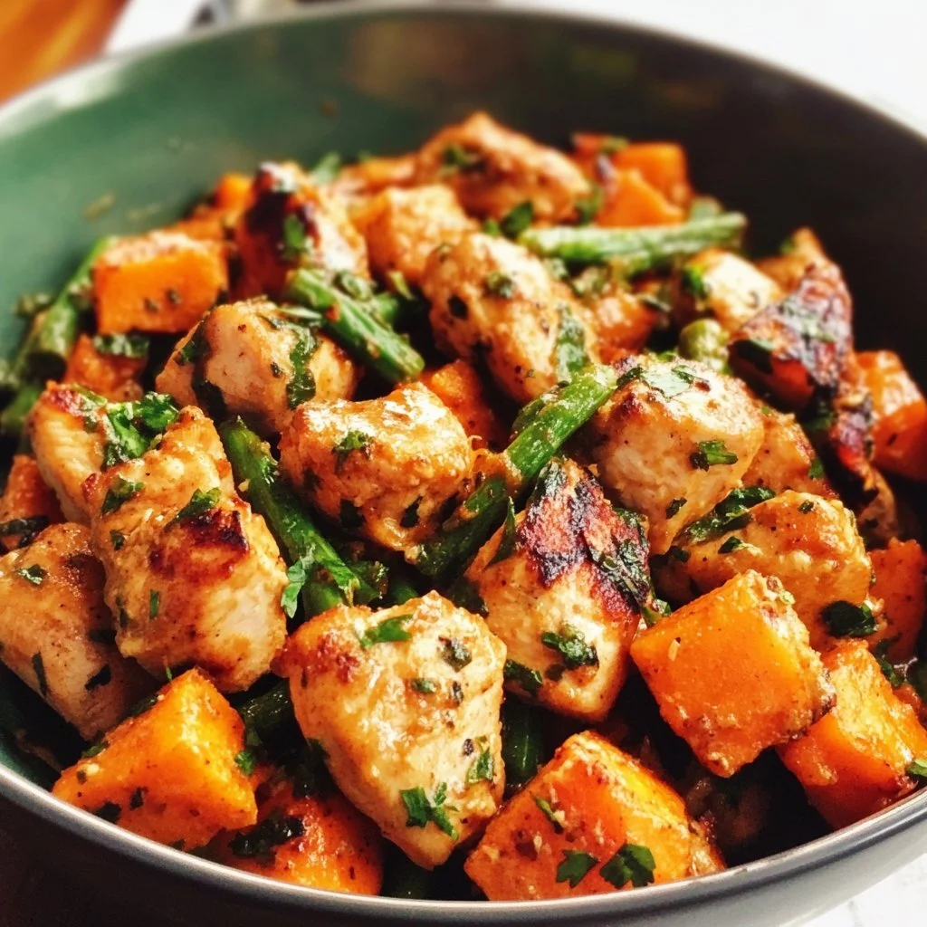 Delicious chicken sweet potato recipe served with herbs and spices