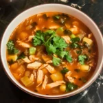 Bowl of Chicken Tortilla Soup garnished with tortilla strips and cilantro