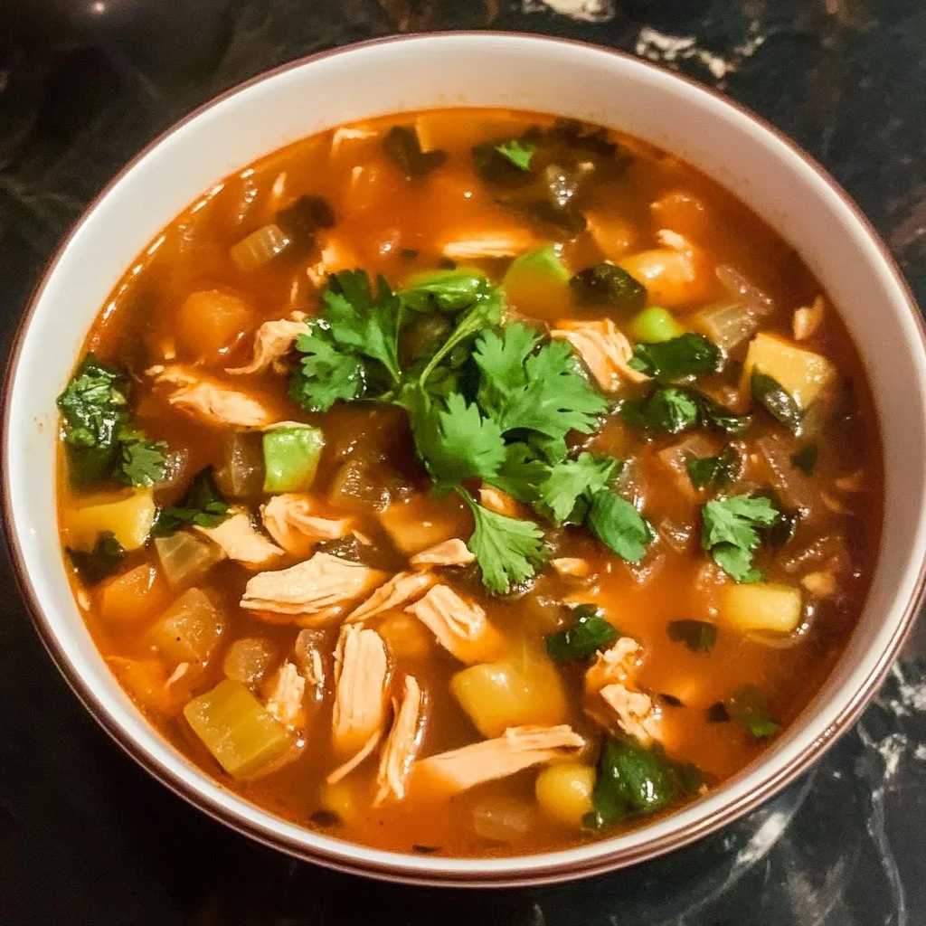Bowl of Chicken Tortilla Soup garnished with tortilla strips and cilantro