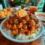 Delicious plate of Chinese orange chicken with vibrant orange sauce and garnishes.