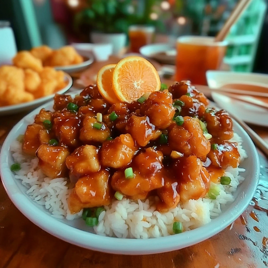 Delicious plate of Chinese orange chicken with vibrant orange sauce and garnishes.