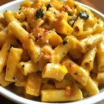 Creamy butternut squash pasta garnished with herbs in a rustic bowl