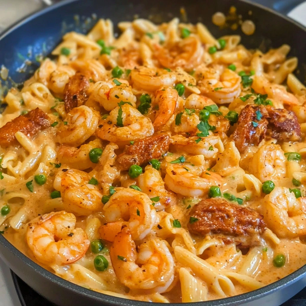 Creamy Cajun shrimp pasta dish garnished with herbs and spices