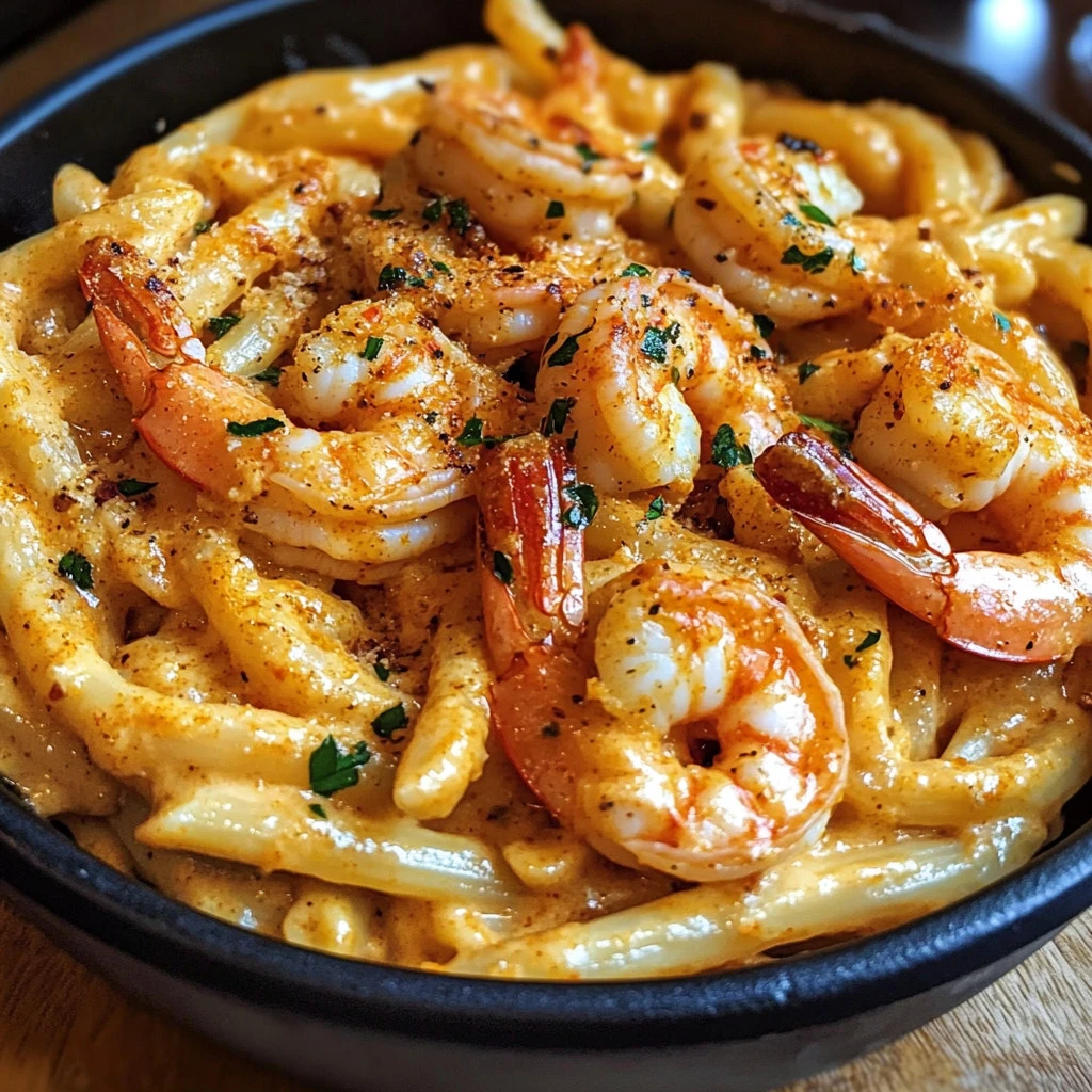 Delicious creamy Cajun shrimp pasta served in a bowl with herbs.