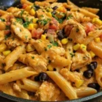 Creamy Chicken Taco Pasta topped with cilantro and cheese in a bowl