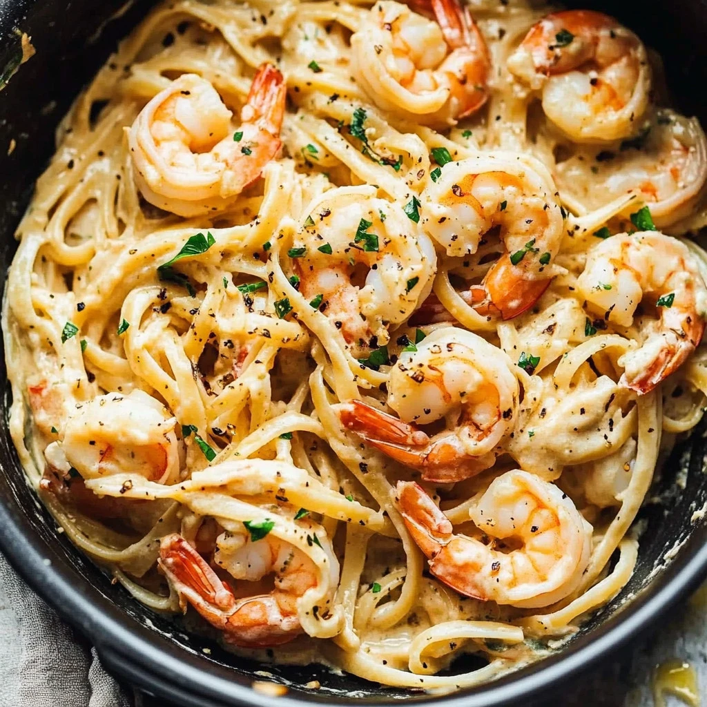 Creamy garlic butter shrimp pasta garnished with parsley in a white bowl.