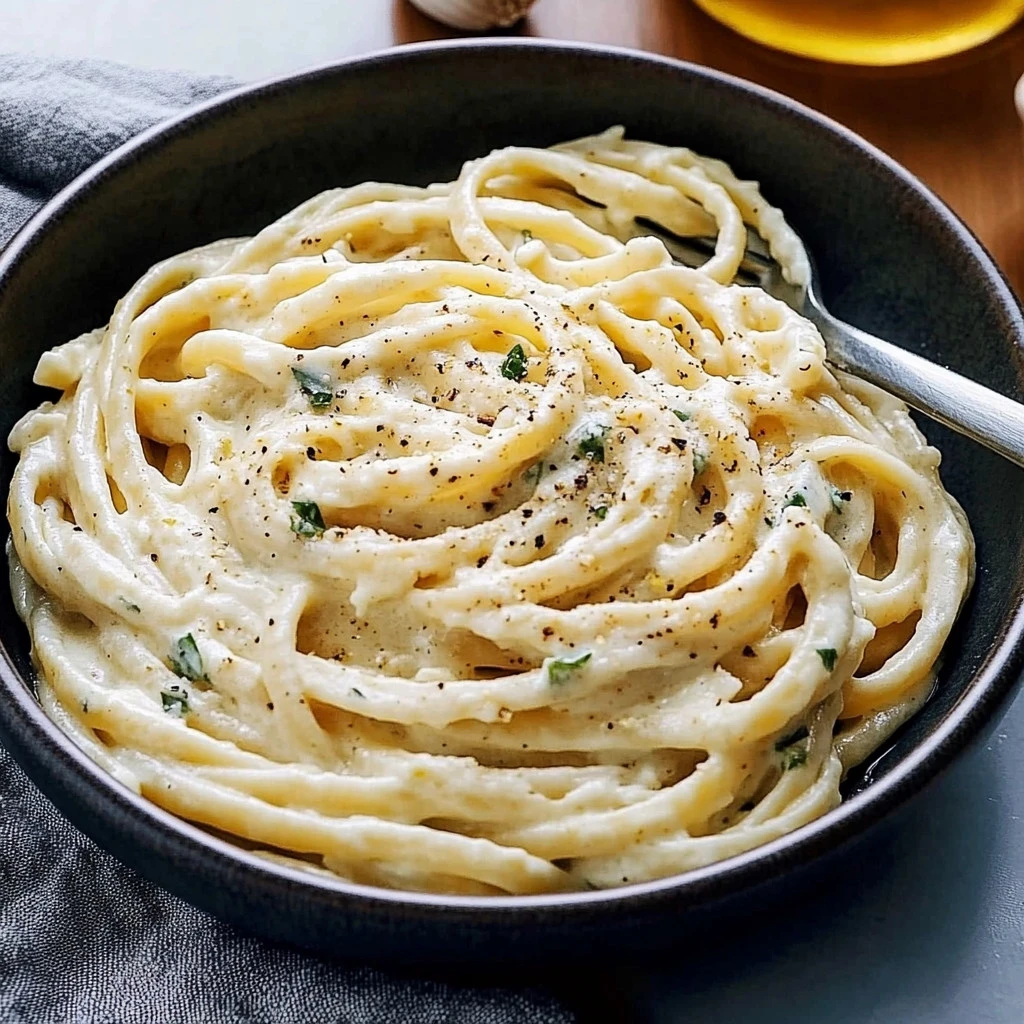 A bowl of creamy garlic pasta garnished with parsley and cheese