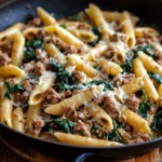 Creamy Italian sausage pasta garnished with herbs in a bowl