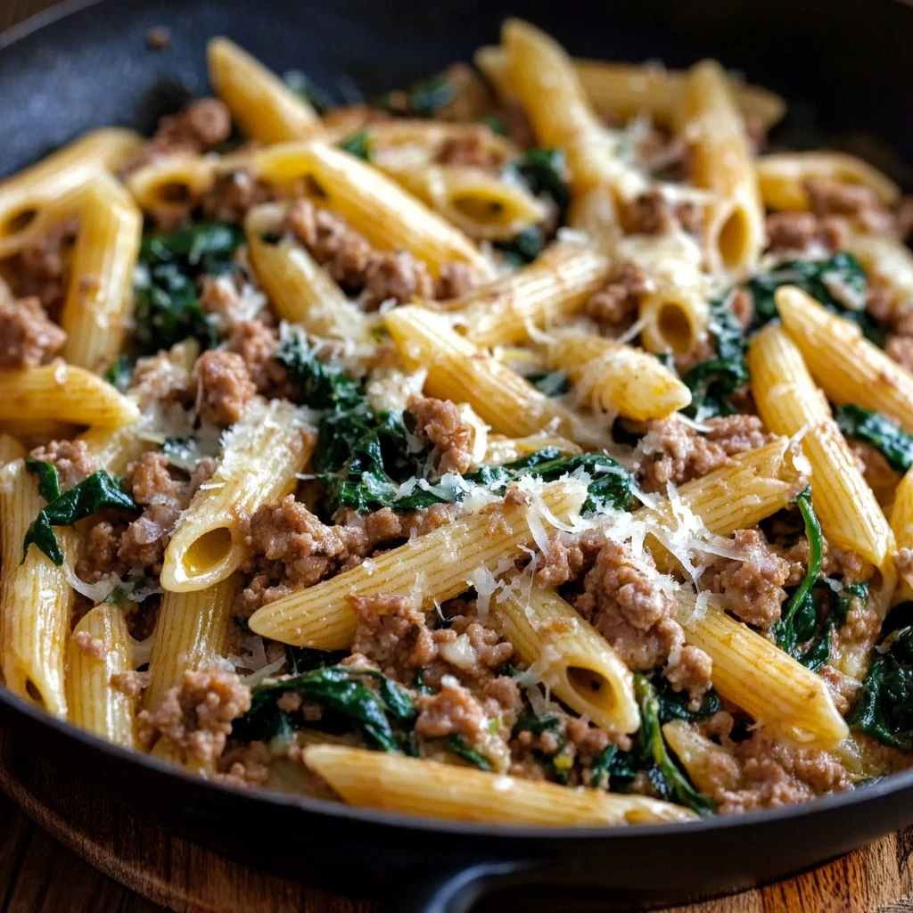 Creamy Italian sausage pasta garnished with herbs in a bowl