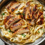 Delicious creamy lemon chicken pasta served in a bowl with herbs and lemon slices.